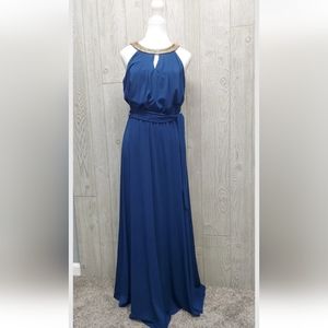 Vince Camuto Teal Halter Gold Beaded Blue  Maxi Dress Women's Size 6